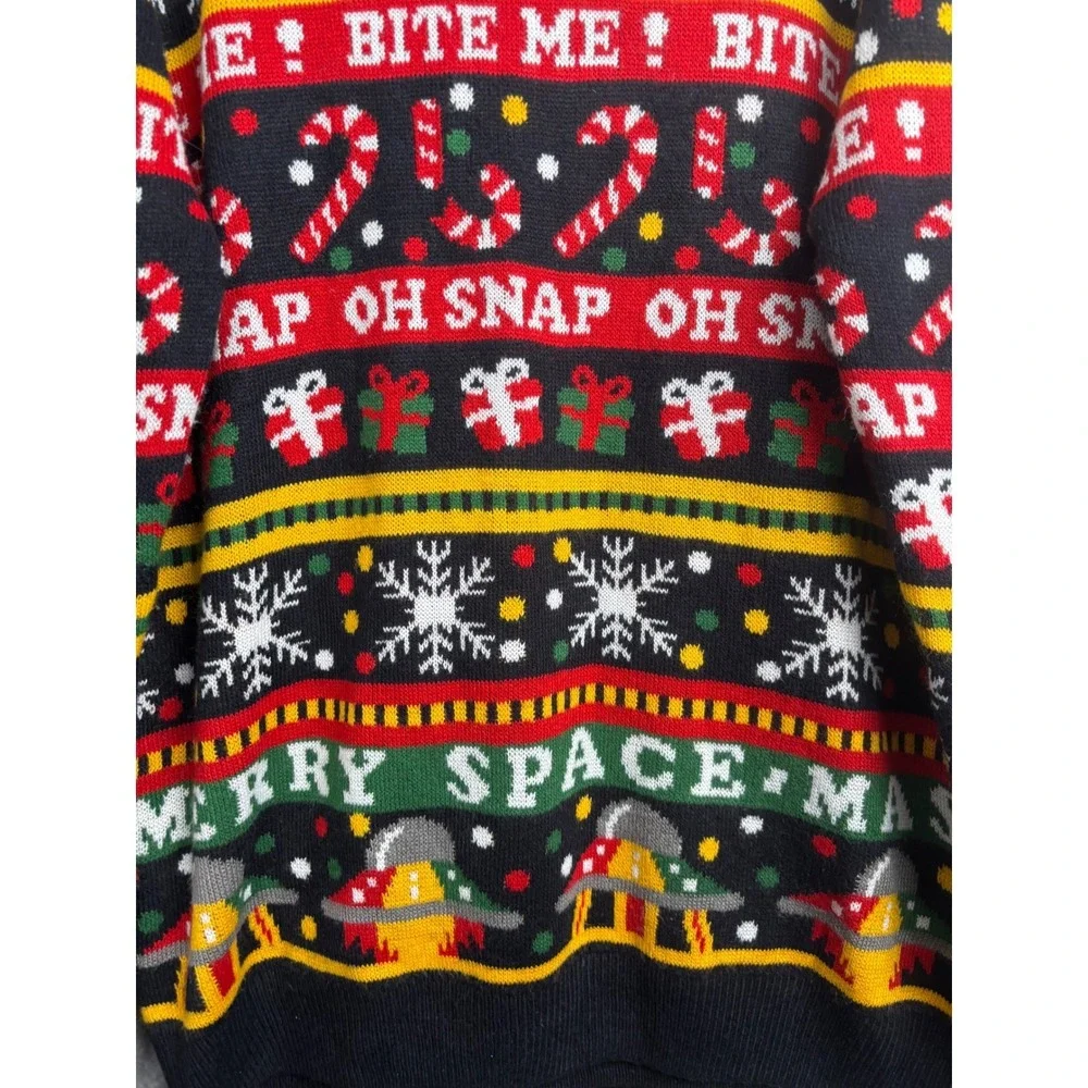 H&M Divided Ugly Christmas Holiday Sweater Bite Me Alien UFO Oh Snap Size Large